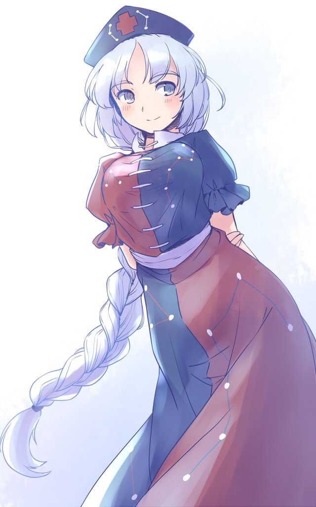 rangycrow, yagokoro eirin, touhou, commentary request, 1girl, arms behind back, blue dress, blue hat, blush, braid, braided ponytail, breasts, constellation print, cross, dress, feet out of frame, grey eyes, grey hair, hand on own arm, hat, large breasts, long hair, nurse cap, red cross, red dress, sash, sideways glance, smile, solo, split mouth, two-tone dress, white background, white sash