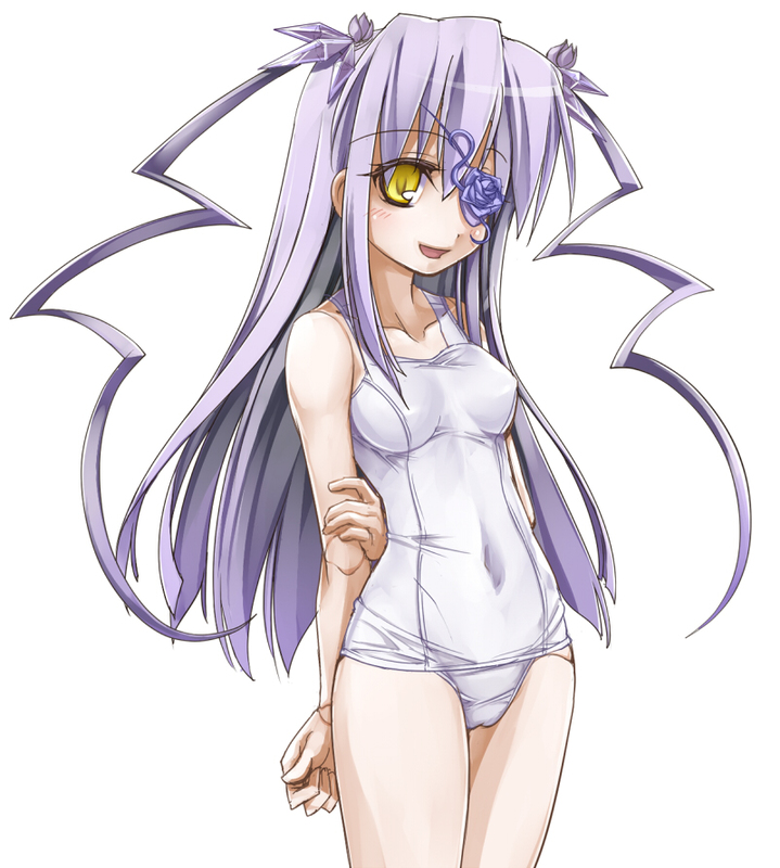 sasa ichi, barasuishou, rozen maiden, 00s, 1girl, breasts, doll joints, eyepatch, hair ornament, joints, long hair, one-piece swimsuit, purple hair, school swimsuit, small breasts, smile, swimsuit, twintails, two side up, white one-piece swimsuit, white school swimsuit, yellow eyes