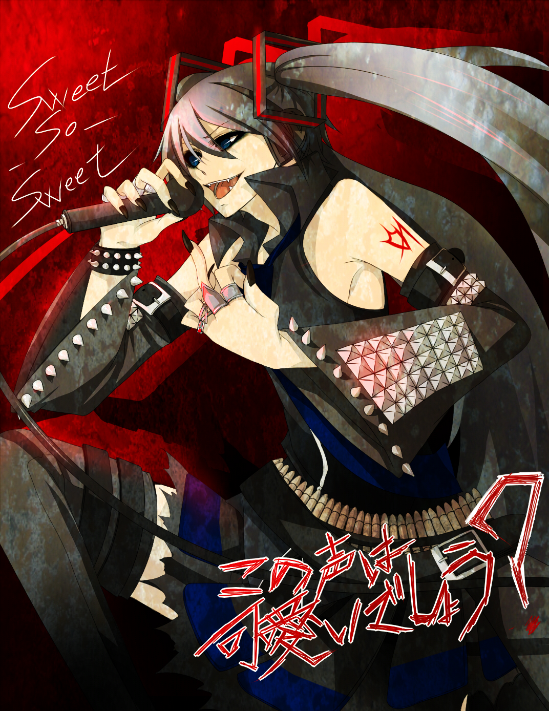 joker (artist), tsubaki sunao, hagane miku, hatsune miku, hagane vocaloid, vocaloid, silver hair, bad id, bad pixiv id, highres, 1girl, detached sleeves, female focus, long hair, microphone, middle finger, skirt, solo, spikes, thighhighs, twintails