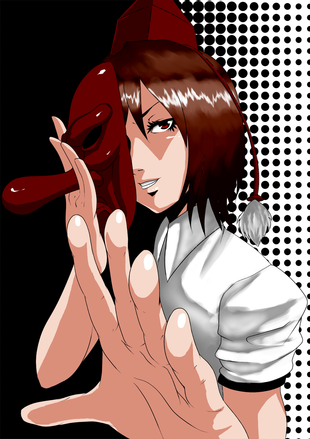 atumi, atumi20jp, yonyon (yotayota honpo), shameimaru aya, touhou, highres, 1girl, female focus, hat, looking at viewer, mask, red eyes, short hair, solo, tengu mask, tokin hat