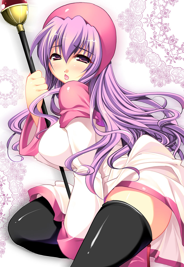 ookami ryousuke, princess of moonbrook, chunsoft, dragon quest, dragon quest ii, enix, 1980s (style), bad id, bad pixiv id, hood, long hair, oldschool, purple eyes, purple hair, solo, staff, thighhighs, zettai ryouiki