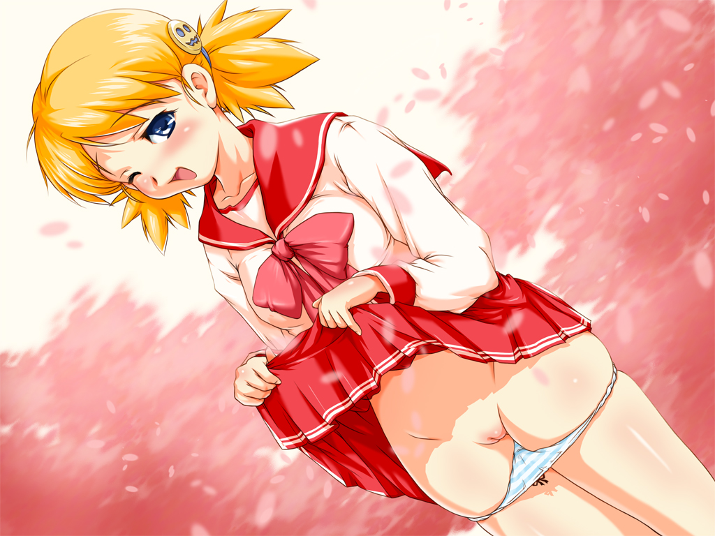 shin (sin-maniax), sasamori karin, to heart (series), to heart 2, 00s, 1girl, blonde hair, blue eyes, cleft of venus, clothes lift, female focus, one eye closed, panties, panty pull, pussy, school uniform, serafuku, short twintails, skirt, skirt lift, solo, striped clothes, striped panties, twintails, uncensored, underwear, wink