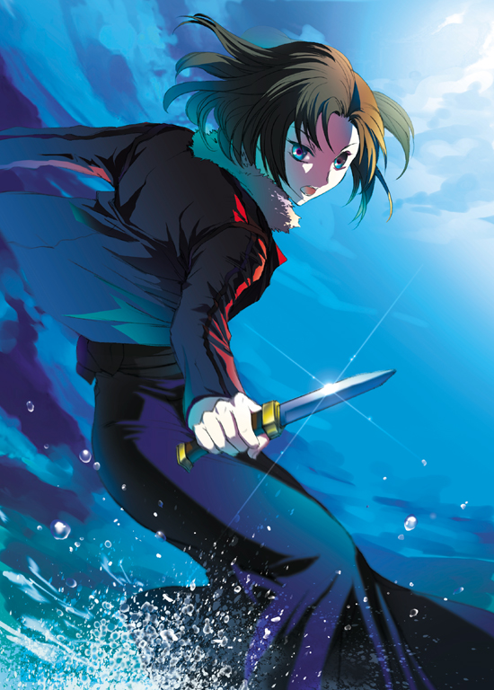 nichiru, ryougi shiki, kara no kyoukai, bad id, bad pixiv id, 1girl, blue eyes, brown eyes, female focus, jacket, japanese clothes, kimono, knife, open mouth, red jacket, short hair, solo