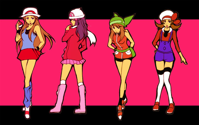 fuki raito, dawn (pokemon), leaf (pokemon), lyra (pokemon), may (pokemon), may (pokemon emerald), nintendo, pokemon, pokemon dppt, pokemon frlg, pokemon hgss, pokemon rse, bad id, bad pixiv id, 00s, 4girls, alternate costume, bandana, bare shoulders, beanie, boots, brown hair, hat, hat ribbon, holding, holding poke ball, kneehighs, legs, long hair, looking back, miniskirt, multiple girls, pink boots, poke ball, poke ball (basic), porkpie hat, purple hair, red ribbon, ribbon, short twintails, skirt, socks, thighhighs, twintails, white thighhighs, winter clothes
