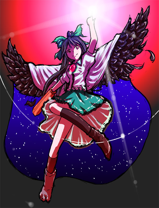 verynezumi, reiuji utsuho, touhou, 1girl, black hair, boots, female focus, full body, gradient background, hair ribbon, ribbon, skirt, solo, wings