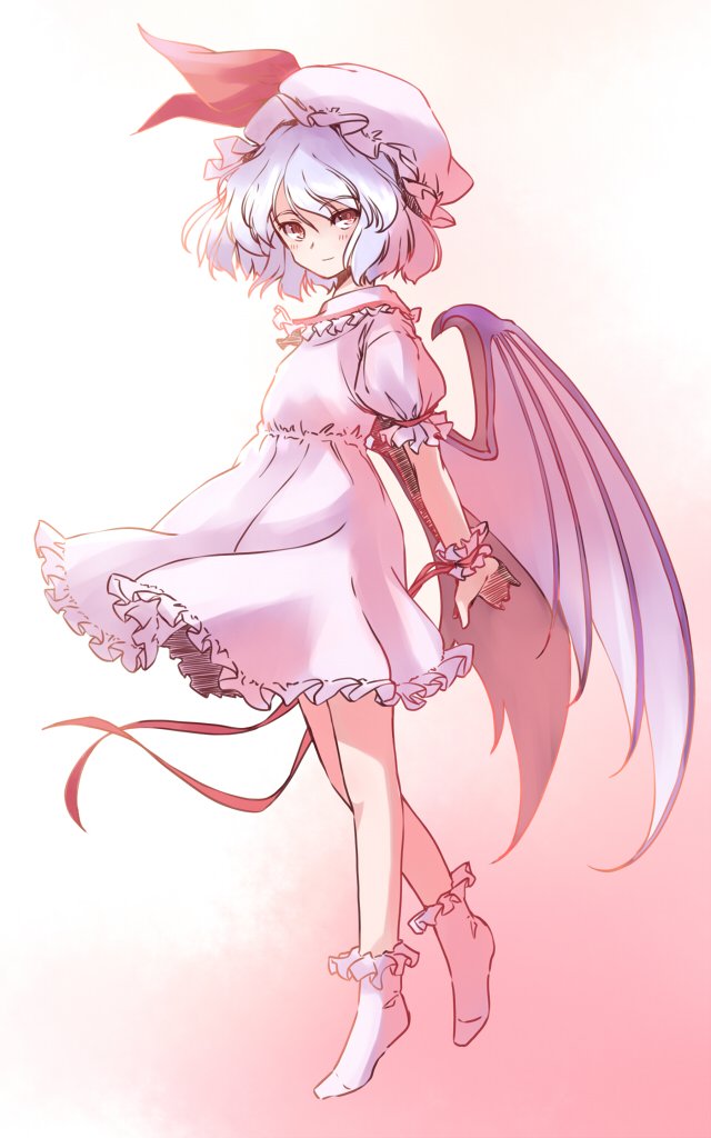 rangycrow, remilia scarlet, touhou, commentary request, 1girl, arms behind back, blue hair, blush, demon wings, dress, frilled dress, frilled shirt collar, frilled wrist cuffs, frills, from side, full body, hat, hat ribbon, knees, light smile, mob cap, one-hour drawing challenge, orange background, pink dress, pink hat, puffy short sleeves, puffy sleeves, red eyes, red ribbon, ribbon, short hair, short sleeves, sideways glance, socks, solo, white socks, wings, wrist cuffs