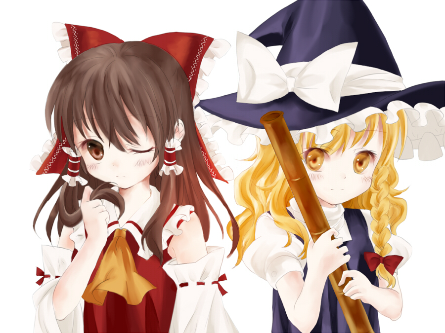 creamfully, hakurei reimu, kirisame marisa, touhou, bad id, bad pixiv id, 2girls, blonde hair, bow, braid, broom, brown hair, detached sleeves, female focus, hat, japanese clothes, long hair, miko, multiple girls, witch, witch hat, yellow eyes