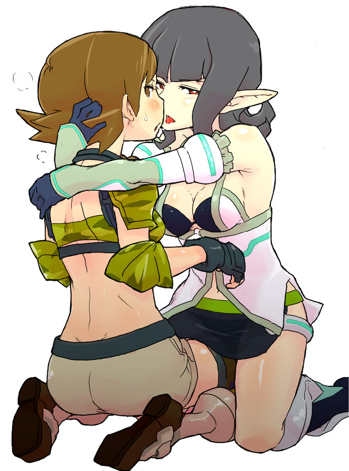 yuuna (alexi), esper (saga 2), human (saga 2), saga, saga 2, 2girls, ass, back, bare shoulders, blush, breasts, brown hair, cleavage, elf, grey hair, looking back, multiple girls, pointy ears, sweatdrop, tongue, yuri