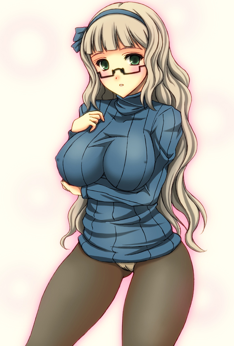 okumoto yuuta, shijou takane, idolmaster, idolmaster (classic), silver hair, 00s, 1girl, arm under breasts, breasts, female focus, glasses, green eyes, hairband, large breasts, long hair, no pants, panties, panties under pantyhose, pantyhose, solo, sweater, thighs, underwear