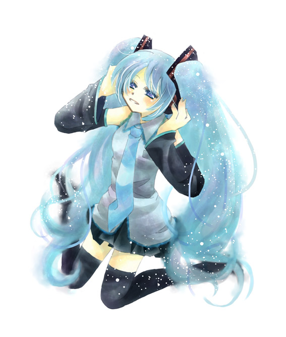 chinako (pixiv719850), hatsune miku, vocaloid, 1girl, aqua hair, detached sleeves, female focus, full body, kneeling, long hair, miniskirt, purple eyes, simple background, skirt, solo, thighhighs, twintails, very long hair, white background, zettai ryouiki