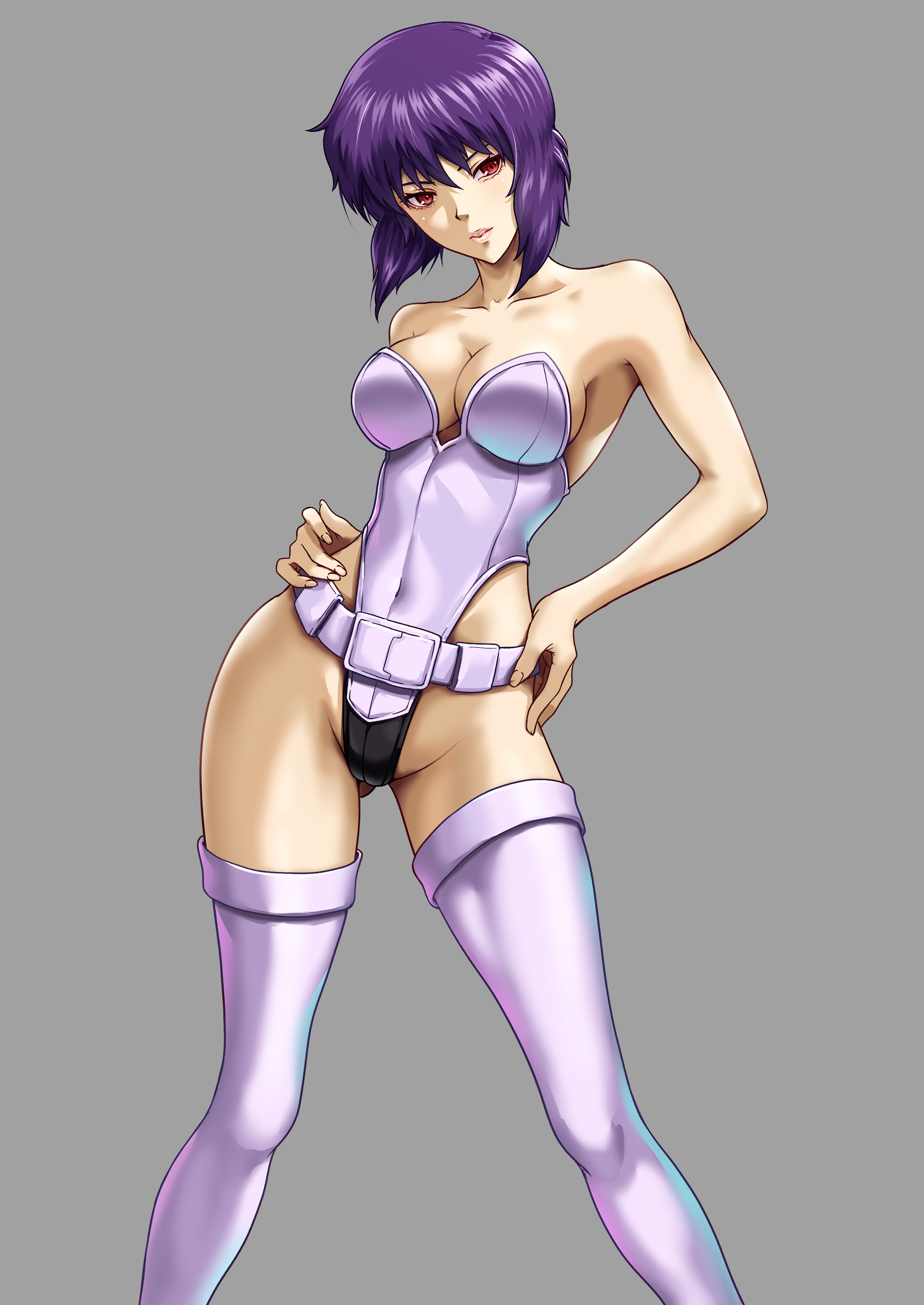 nito (mrrx5772), kusanagi motoko, ghost in the shell, ghost in the shell: stand alone complex, absurdres, commentary request, highres, 1girl, bare hips, belt, breasts, covered navel, cropped legs, leotard, looking at viewer, medium breasts, medium hair, purple hair, solo, strapless, strapless leotard, thighhighs, white thighhighs