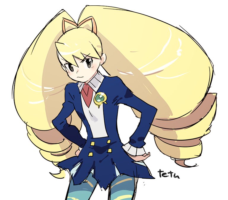 tetsu (teppei), luna platz (mega man), mega man (series), mega man star force (series), bad id, bad twitter id, 1girl, artist name, blue dress, blue pantyhose, blush, bow, dress, drill hair, green eyes, hair bow, hands on own hips, long hair, looking at viewer, pantyhose, signature, simple background, striped clothes, striped pantyhose, twin drills, very long hair, white background