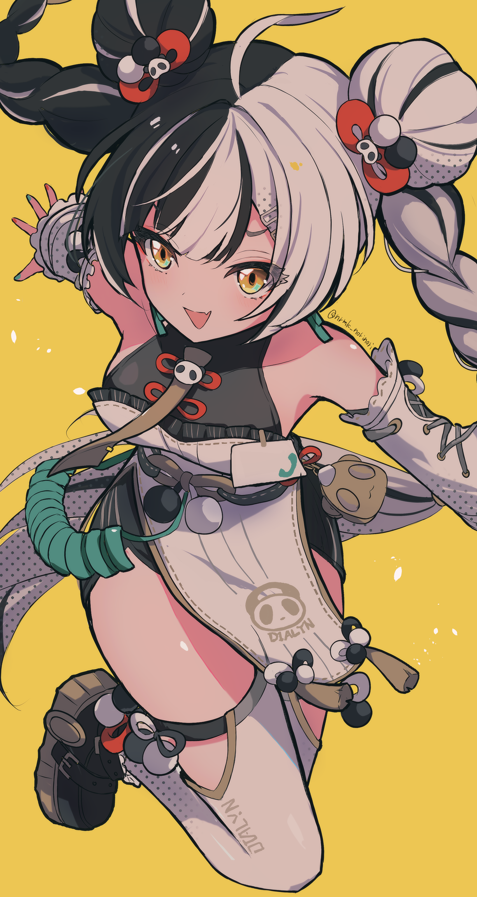 norimaki (nrmk norinori), dialyn (zenless zone zero), zenless zone zero, absurdres, hashtag-only commentary, highres, 1girl, bare shoulders, black hair, braid, breasts, detached sleeves, dress, earrings, jewelry, long hair, looking at viewer, medium breasts, multicolored hair, open mouth, solo, split-color hair, twin braids, white dress, white hair, yellow eyes