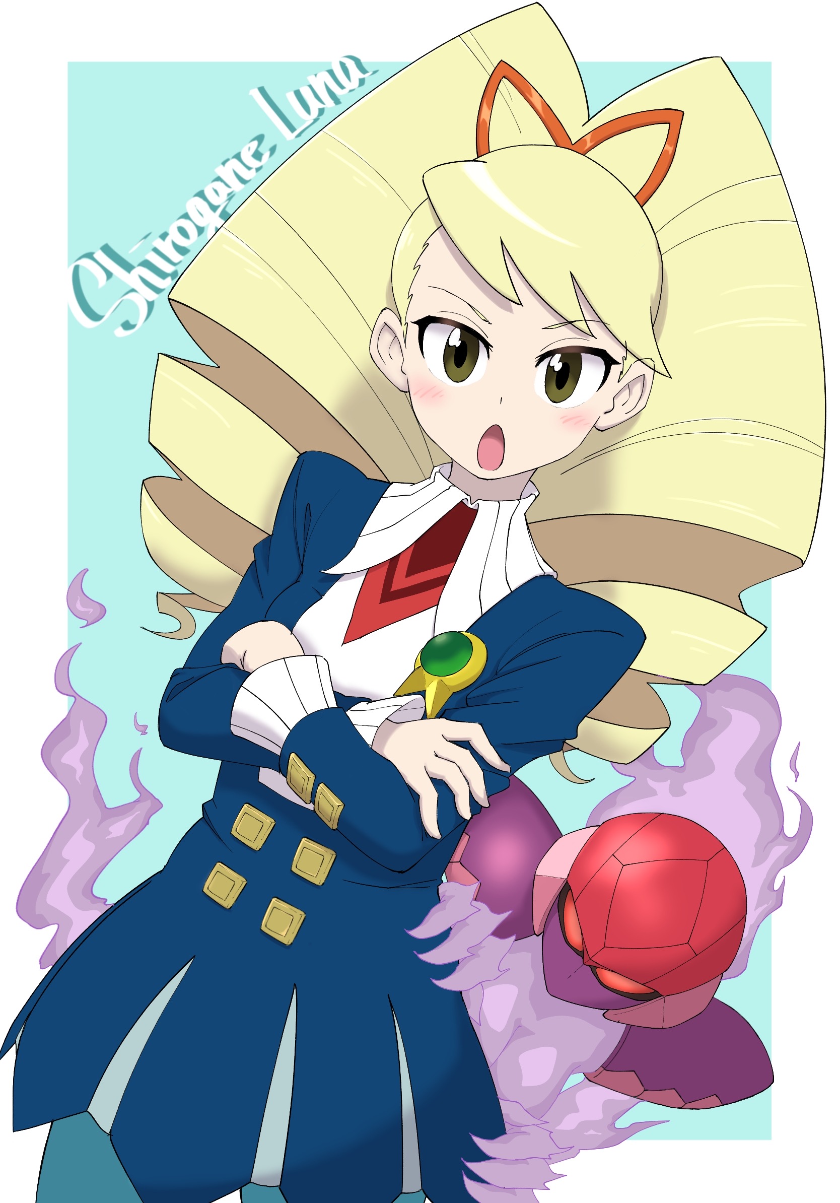 inrou (112inorru112), luna platz (mega man), ophiuca (mega man), mega man (series), mega man star force (series), commentary request, highres, 2girls, blonde hair, blue dress, blush, bow, character name, crossed arms, dress, drill hair, green eyes, hair bow, long hair, looking at viewer, multiple girls, open mouth, red eyes, simple background, twin drills