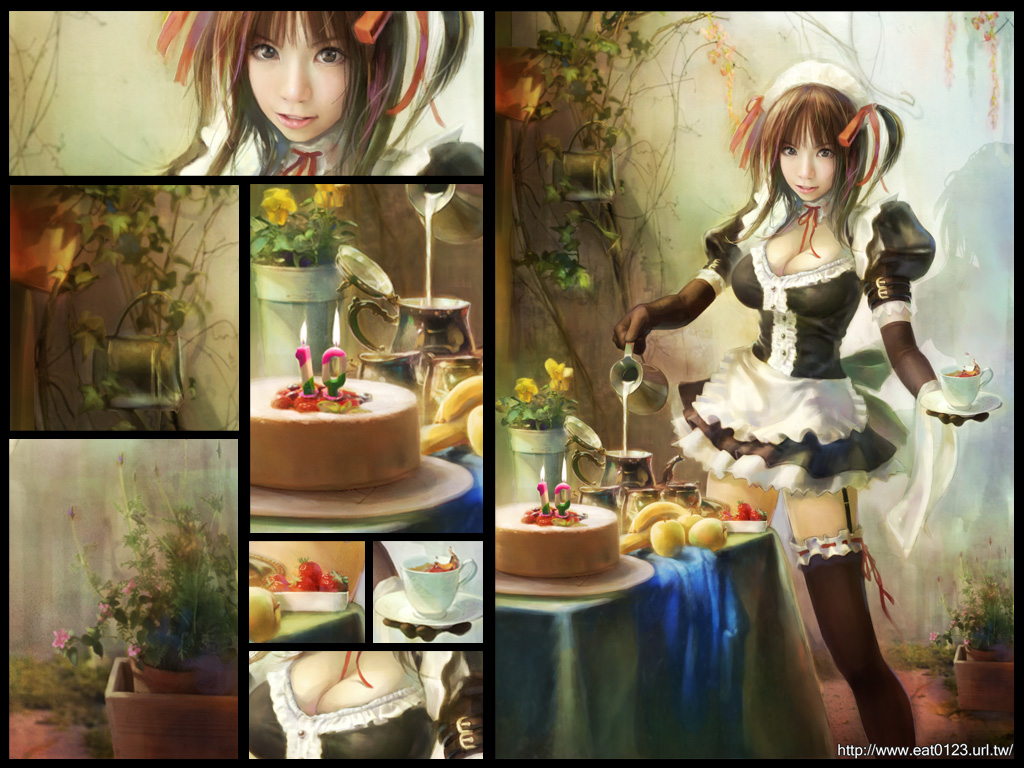eat, eat0123, original, 1girl, apple, banana, breasts, brown hair, cake, candle, cleavage, elbow gloves, female focus, flower, food, fruit, garden, garter belt, gloves, hair ribbon, holding, legs, maid, pastry, photorealistic, plant, realistic, ribbon, solo, strawberry, thighhighs, twintails, vines