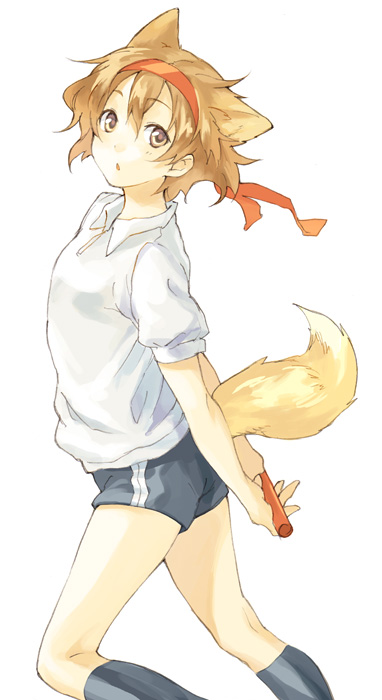 sakamoto atsumu, baton, animal ears, brown hair, gym uniform, headband, relay baton, short hair, shorts, solo, tail