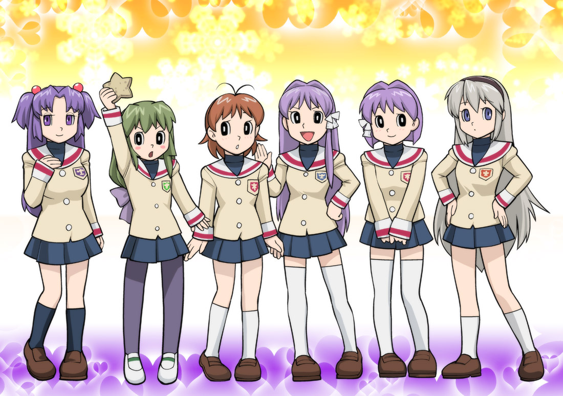 ueyama michirou, fujibayashi kyou, fujibayashi ryou, furukawa nagisa, ibuki fuuko, ichinose kotomi, sakagami tomoyo, clannad, doraemon, 6+girls, antenna hair, fujiko f fujio (style), hair ribbon, multiple girls, pantyhose, parody, ribbon, school uniform, siblings, sisters, starfish, style parody, thighhighs, twins, zettai ryouiki
