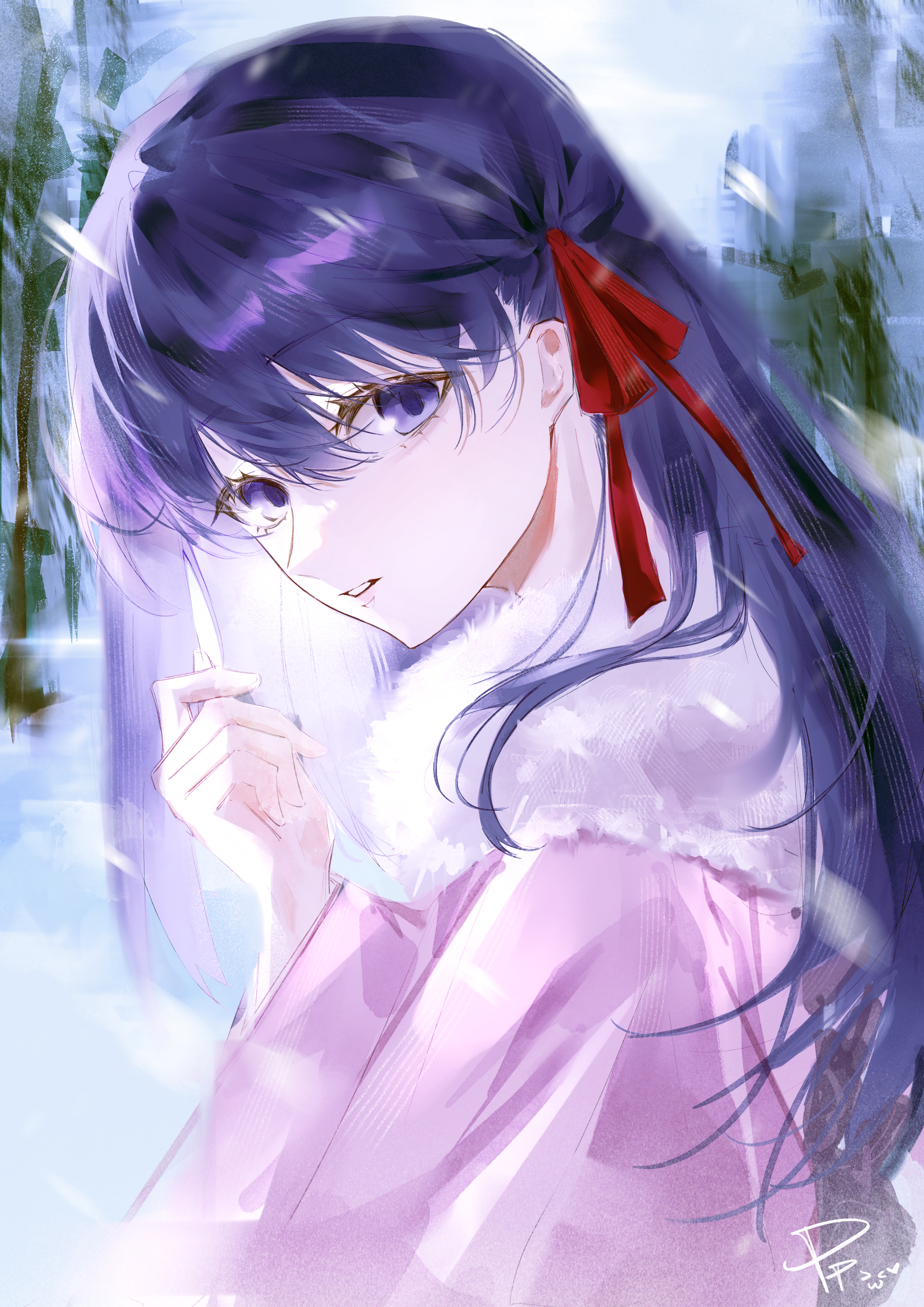 pppeipeipipi, matou sakura, fate/stay night, fate (series), absurdres, commentary, highres, symbol-only commentary, 1girl, fur trim, hair ribbon, long hair, long sleeves, looking at viewer, open mouth, purple eyes, purple hair, red ribbon, ribbon, solo, winter, winter clothes
