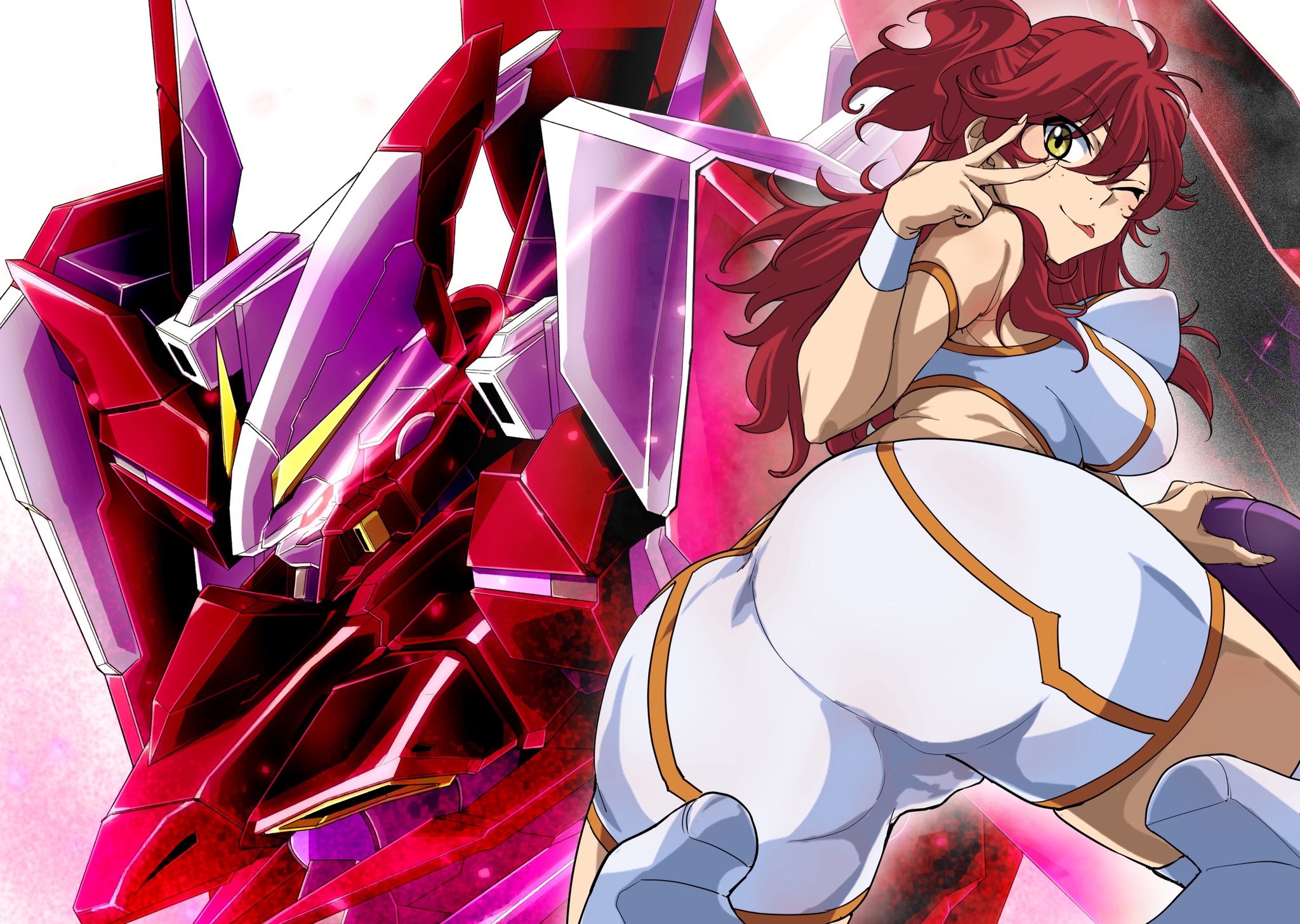 kuroiwa cookie, bad haro, gundam throne drei, nena trinity, gundam, gundam 00, artist collaboration, commentary request, highres, 1girl, ass, bouncing breasts, breasts, freckles, from behind, glowing, glowing eyes, kneeling, light trail, long hair, looking at viewer, looking back, mecha, medium breasts, one eye closed, red hair, robot, shorts, smile, solo, thighhighs, two side up, white shorts, yellow eyes