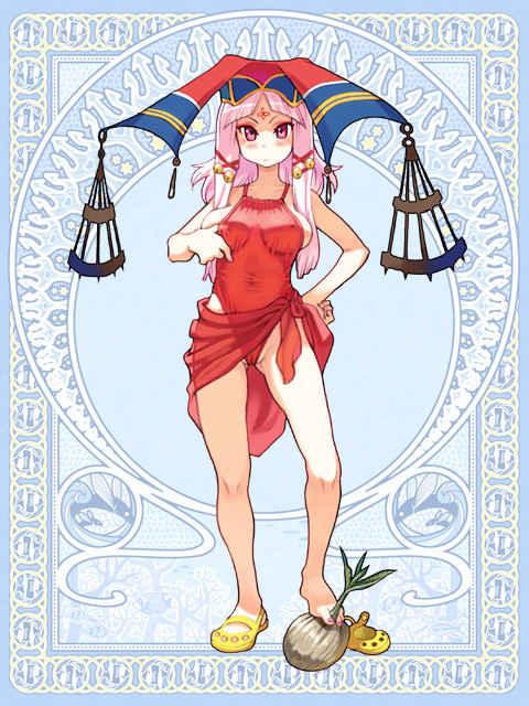 ryoji (nomura ryouji), silver rain, official art, 1girl, adjusting clothes, adjusting swimsuit, bell, blush, breasts, coconut, covered erect nipples, facial mark, female focus, food, forehead mark, fruit, full body, hair bell, hair ornament, hand on own hip, hat, jingle bell, legs, long hair, looking at viewer, medium breasts, nail polish, one-piece swimsuit, pink eyes, pink hair, red one-piece swimsuit, sandals, sarong, see-through clothes, see-through sarong, shoes, single shoe, solo, standing, swimsuit, unworn sandals