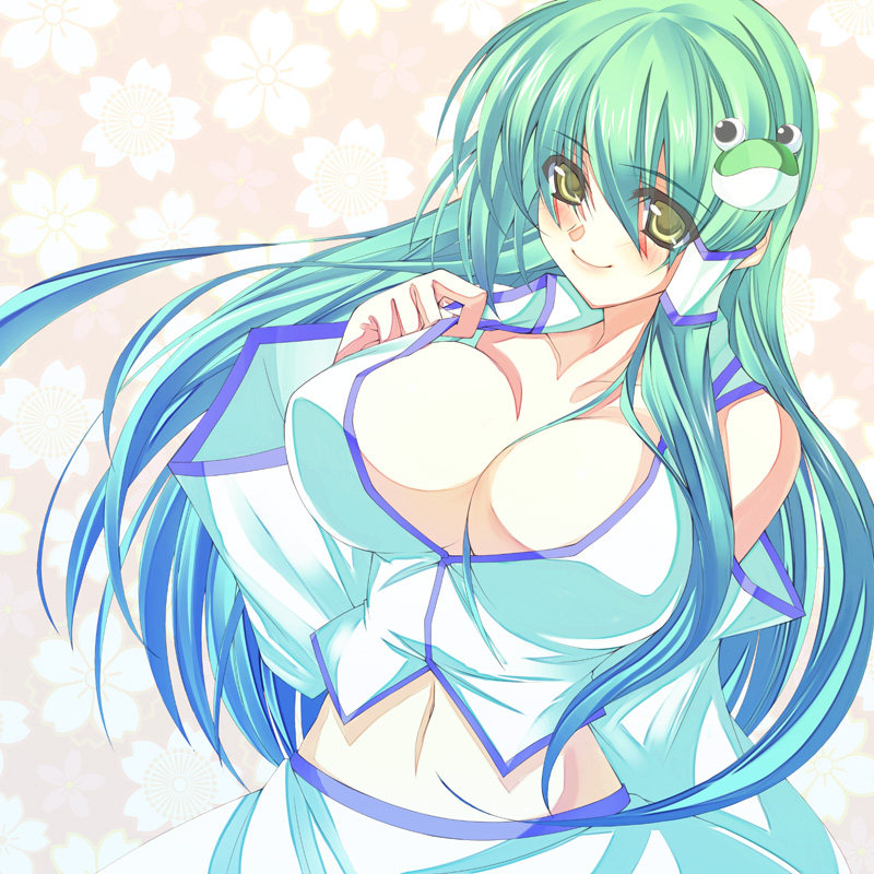 takeda aranobu, kochiya sanae, touhou, revision, 1girl, breasts, cleavage, detached sleeves, female focus, frog, green hair, hair ornament, huge breasts, japanese clothes, long hair, miko, navel, smile, snake, solo, yellow eyes