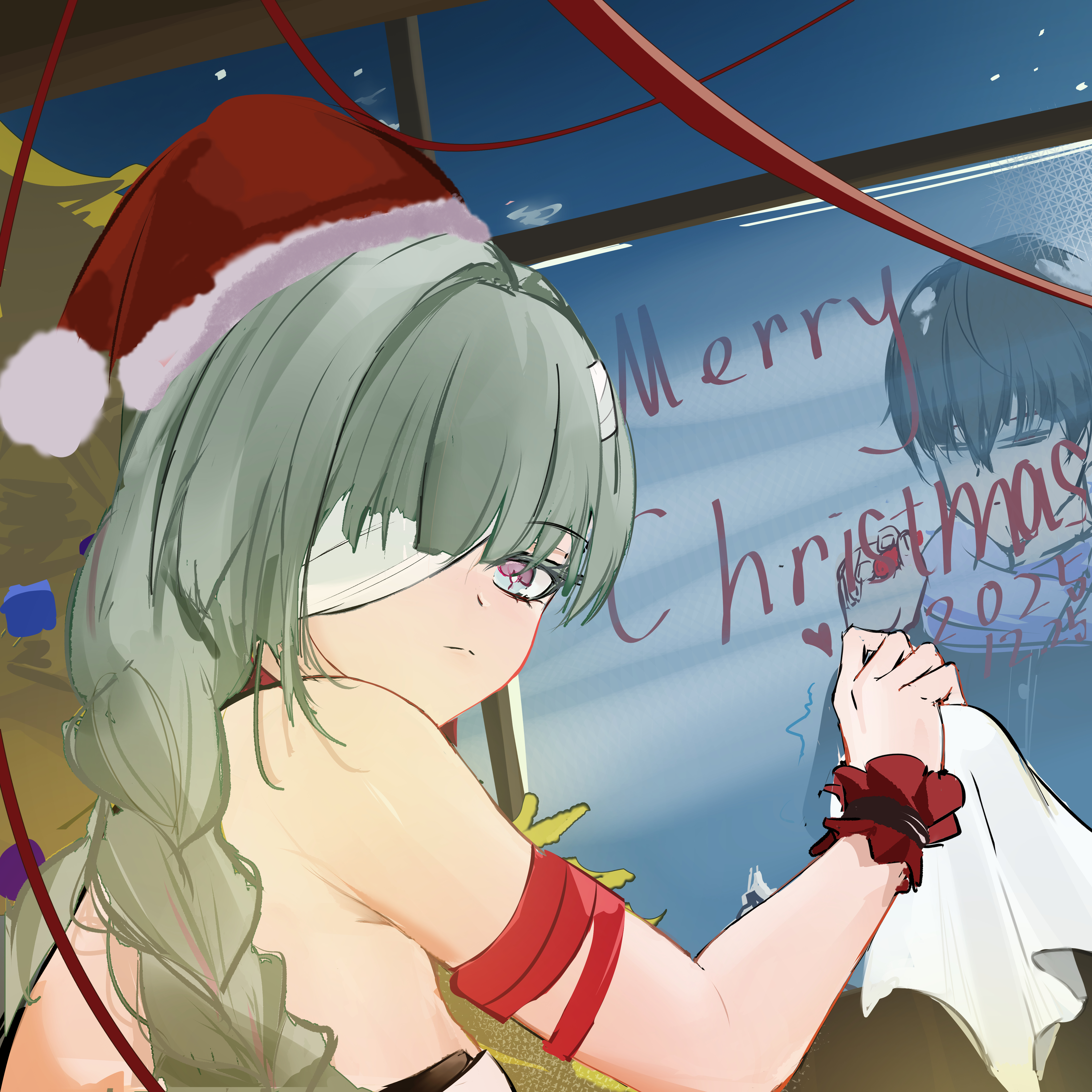 male rover (wuthering waves), phrolova (wuthering waves), rover (wuthering waves), wuthering waves, absurdres, commentary, highres, 1boy, 1girl, bandage over one eye, bare shoulders, cleaning, cleaning windows, closed mouth, dated, grey eyes, grey hair, hat, long hair, looking at viewer, merry christmas, richenjiuxiao, santa hat, window