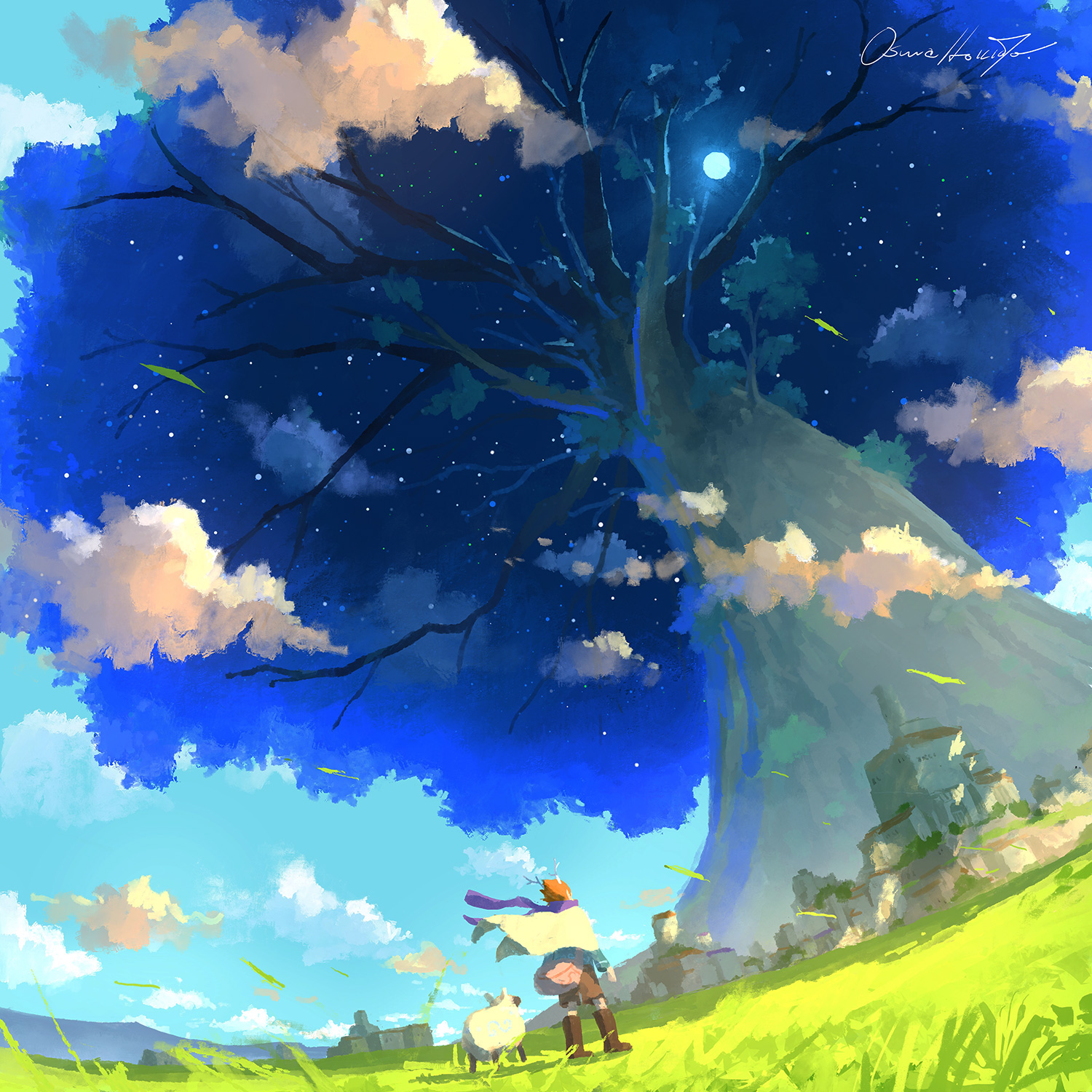 katou oswaldo, original, commentary request, highres, 1other, ambiguous gender, antlers, blue sky, brown shorts, building, cape, cloud, day, fantasy, from behind, grand scale, grass, horns, orange hair, outdoors, oversized plant, purple scarf, scarf, scenery, sheep, short hair, shorts, signature, sky, standing, town, tree, white cape, wide shot