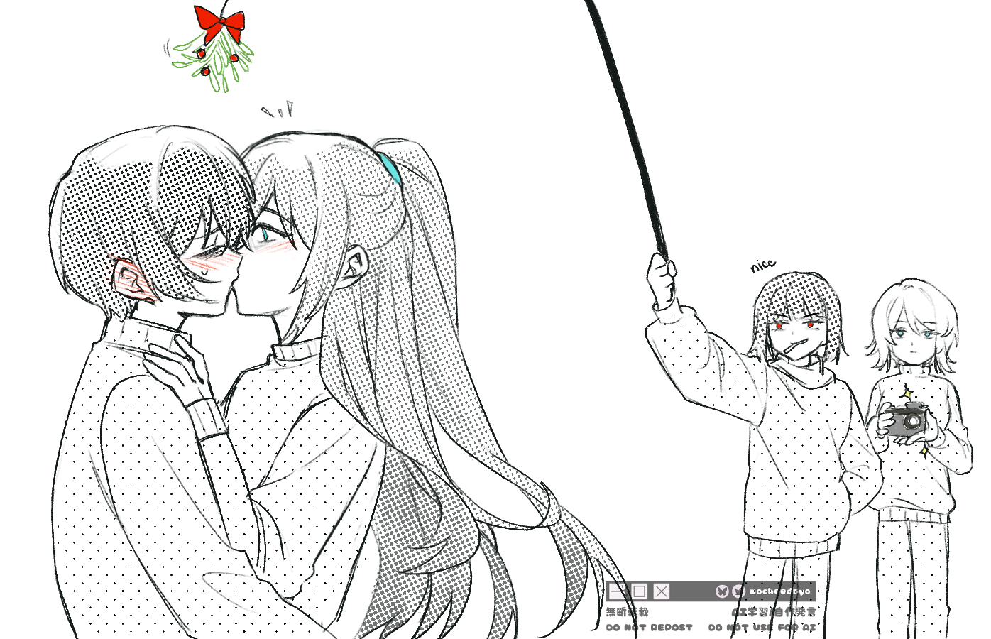 faust (project moon), hong lu (project moon), ryoshu (project moon), yi sang (project moon), limbus company, project moon, commentary, english commentary, 2boys, 2girls, black hair, blue eyes, blush, camera, camera flash, holding, holding camera, kiss, long hair, mistletoe, mocheedayo, monochrome, multiple boys, multiple girls, ponytail, red eyes, short hair, spot color, sweater, white hair, yaoi