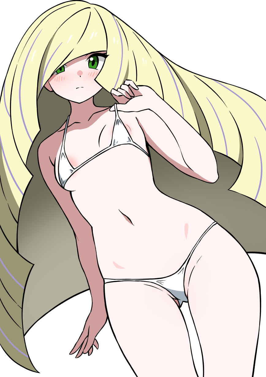 ecgg (tsuji418477), lusamine (pokemon), nintendo, pokemon, pokemon sm, highres, 1girl, alternate costume, areola slip, bikini, blonde hair, blush, closed mouth, collarbone, cowboy shot, green eyes, hand up, long hair, looking at viewer, micro bikini, navel, simple background, solo, swimsuit, white background, white bikini