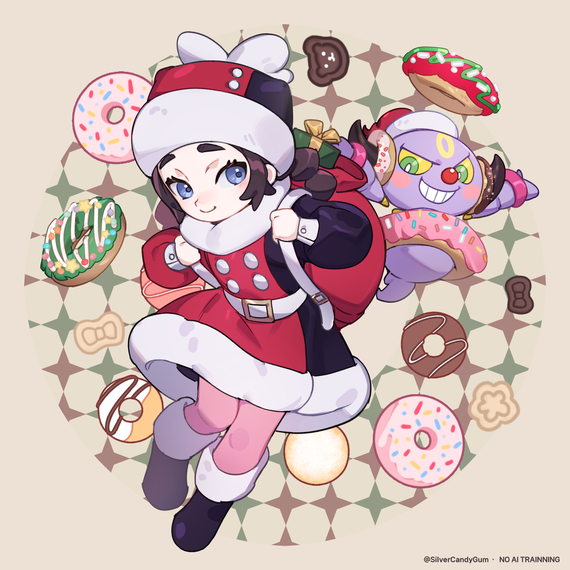 silvercandy gum, ansha (pokemon), hoopa, hoopa (confined), nintendo, pokemon, pokemon legends: z-a, commentary, highres, 1girl, backpack, bag, belt, black boots, blue eyes, boots, closed mouth, coat, donut, eyelashes, food, gen 6 pokemon, hat, holding strap, legendary pokemon, long sleeves, mythical pokemon, pantyhose, pink pantyhose, red bag, scarf, smile, watermark, white belt
