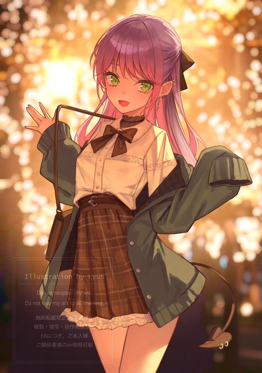xyunx, tokoyami towa, hololive, commentary, highres, 1girl, :d, bag, black bow, black bowtie, black ribbon, blurry, blurry background, bow, bowtie, brown skirt, collared shirt, colored inner hair, cowboy shot, cross, cross earrings, dated commentary, demon girl, demon tail, earrings, fang, gradient hair, green eyes, grey jacket, hair ribbon, half updo, handbag, hands up, high-waist skirt, jacket, jewelry, lace, lace-trimmed skirt, lace trim, long hair, looking at viewer, miniskirt, multicolored hair, off shoulder, open mouth, outdoors, piercing, pink hair, pointy ears, purple hair, ribbon, shirt, shirt tucked in, single sleeve, single sleeve past fingers, skin fang, skirt, smile, solo, spiked ear piercing, tail, tail ornament, tail piercing, virtual youtuber, white shirt