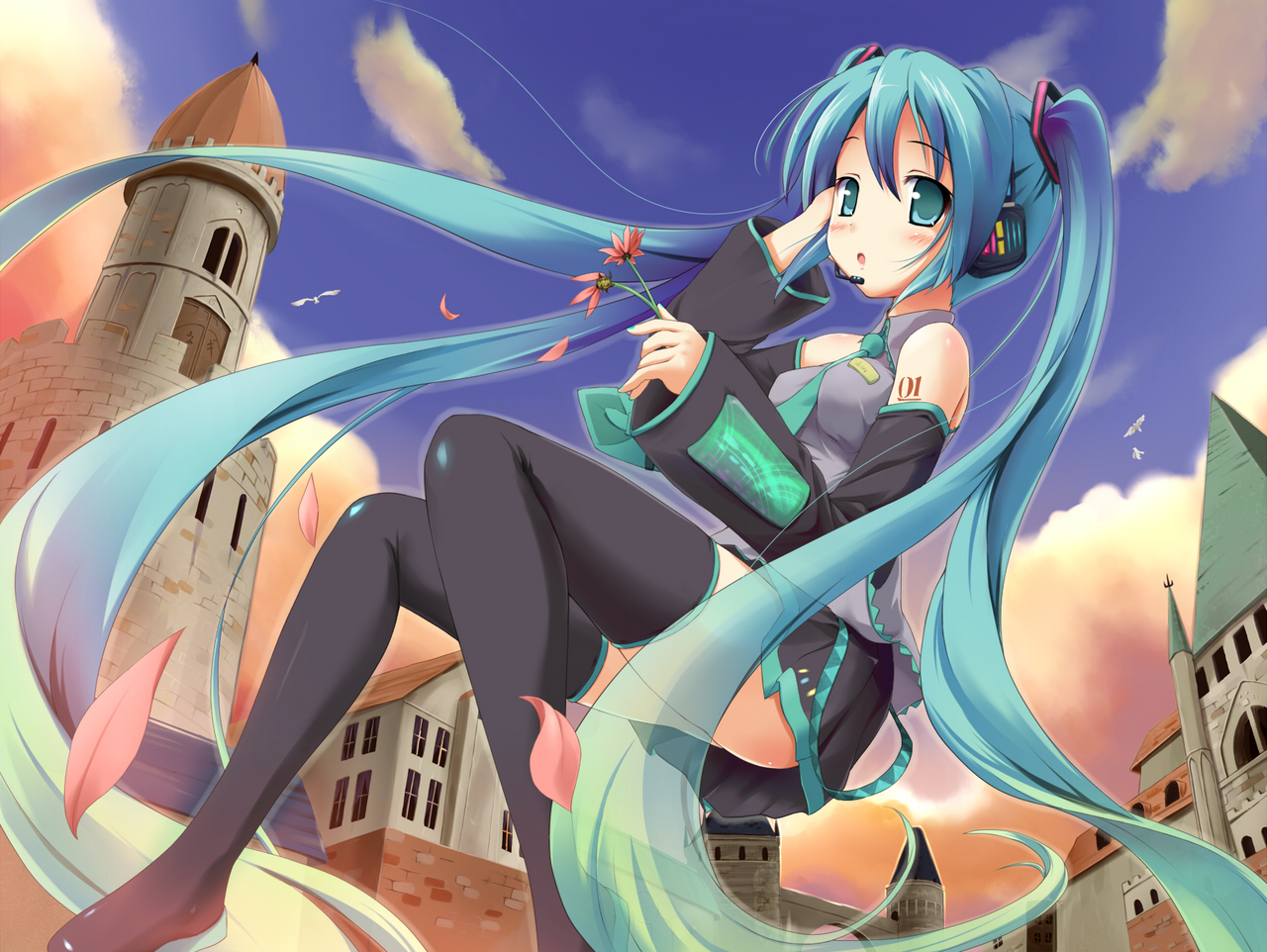 utamaru (konomix), hatsune miku, vocaloid, 1girl, aqua eyes, aqua hair, cloud, day, detached sleeves, female focus, flower, headset, legs, long hair, necktie, outdoors, skirt, sky, solo, thighhighs, twintails, very long hair, zettai ryouiki