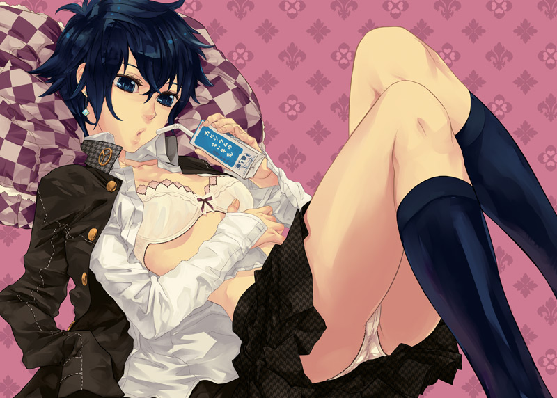 mihara (081mhrs), shirogane naoto, atlus, persona, persona 4, 1girl, black hair, blue eyes, blue hair, bra, drink carton, female focus, juice box, legs, lingerie, lying, matching hair/eyes, open clothes, open shirt, panties, pantyshot, pillow, shirt, short hair, socks, solo, underwear