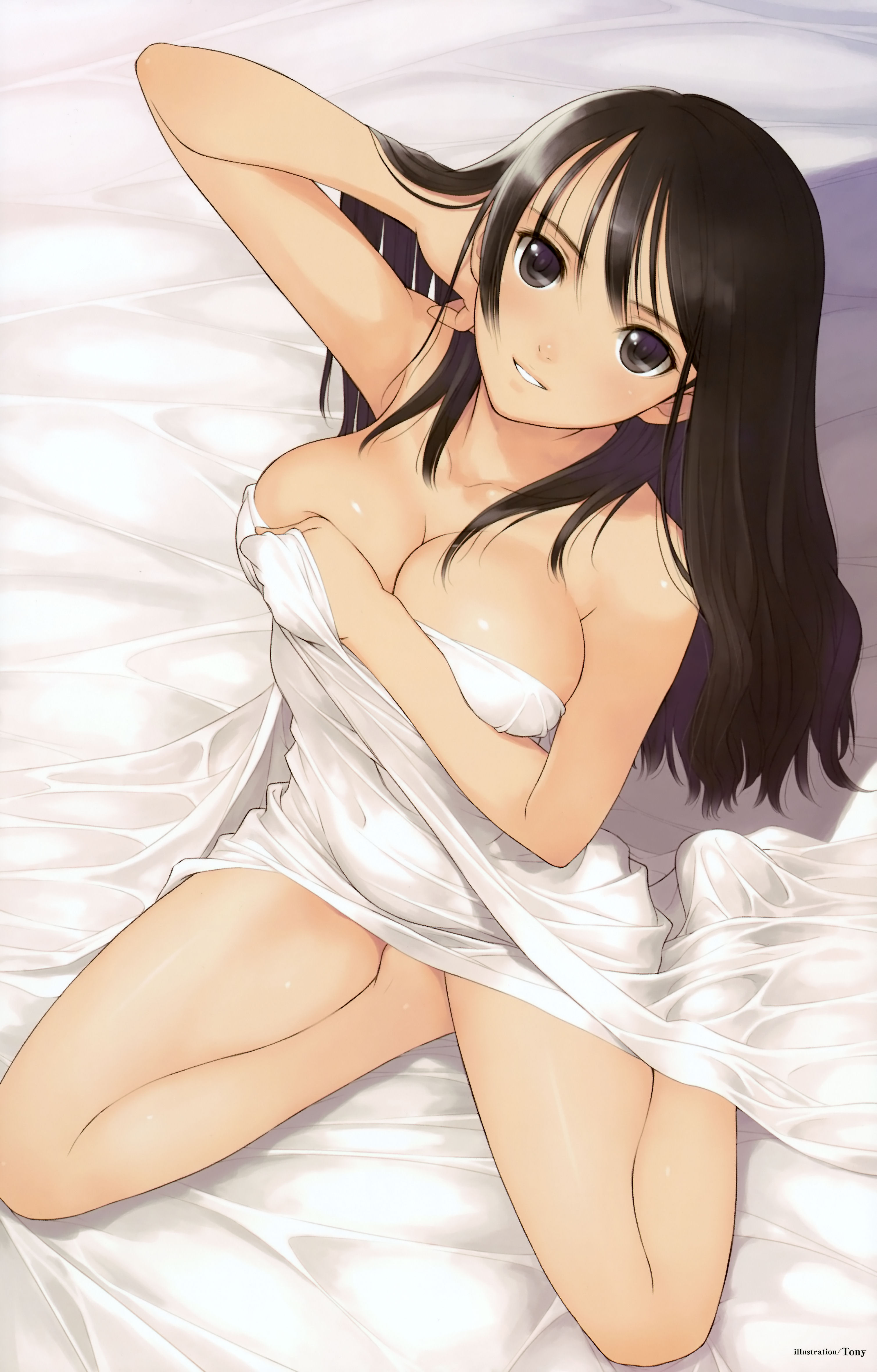 tony taka, absurdres, highres, 1girl, bed sheet, black eyes, black hair, breast press, breasts, cleavage, covered navel, covering privates, female focus, hair flip, large breasts, long hair, naked sheet, nude, nude cover, sitting, smile, solo