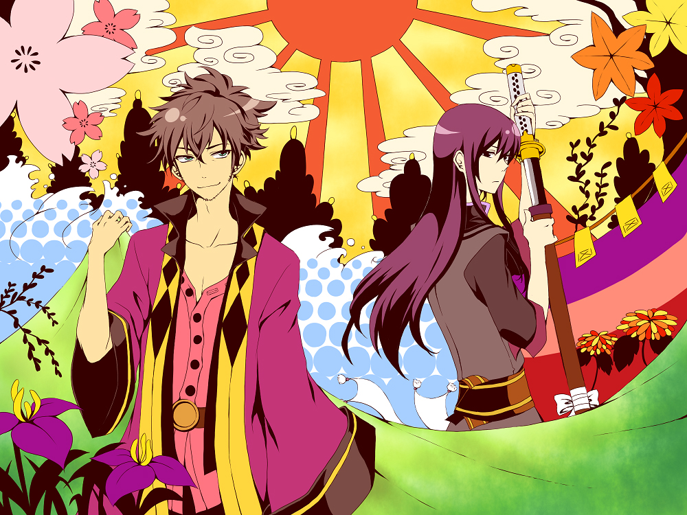 shivue, raven (tales), yuri lowell, tales of (series), tales of vesperia, bad id, bad pixiv id, md5 mismatch, 00s, 2boys, black eyes, black hair, cherry blossoms, flower, green eyes, long hair, male focus, multiple boys, ponytail, rising sun flag, sheath, smile, sunburst, sword, unsheathing, weapon