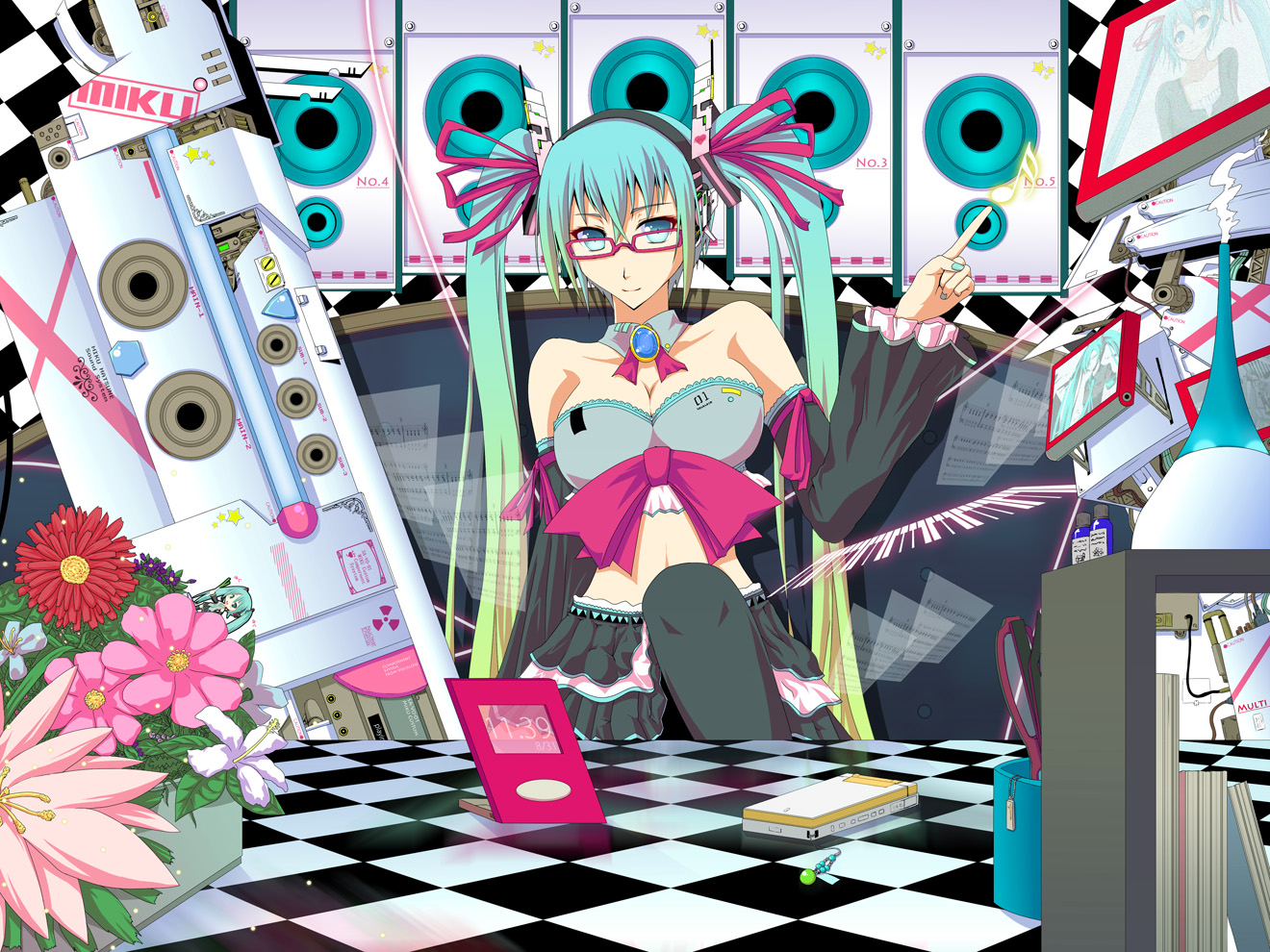 koumei (artist), koumei (harmonizer), hatsune miku, vocaloid, 1girl, aqua eyes, aqua hair, breasts, detached sleeves, female focus, flower, headset, large breasts, long hair, midriff, ribbon, solo, thighhighs, twintails, very long hair, zettai ryouiki