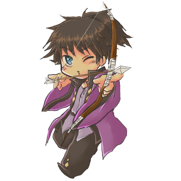akokare, raven (tales), tales of (series), tales of vesperia, 00s, 1boy, arrow (projectile), black hair, blue eyes, bow (weapon), drawing bow, holding, holding bow (weapon), holding weapon, male focus, one eye closed, ponytail, solo, weapon, white background, wink