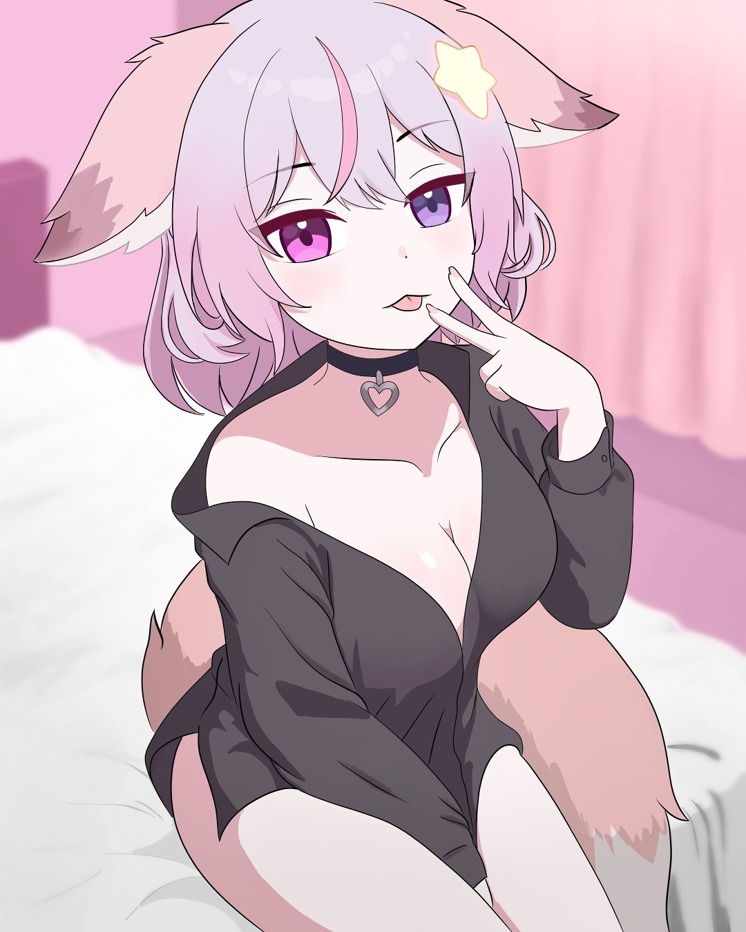 annytf, indie virtual youtuber, commentary, english commentary, highres, 1girl, animal ears, bed, black choker, black shirt, breasts, choker, cowboy shot, fox ears, fox girl, fox tail, from above, from side, hair between eyes, hair ornament, heterochromia, indoors, large breasts, long hair, long sleeves, looking at viewer, multicolored hair, no pants, nokkopi, pink eyes, pink hair, purple eyes, shirt, sitting, solo, star (symbol), star hair ornament, streaked hair, tail, tongue, v, virtual youtuber, white hair