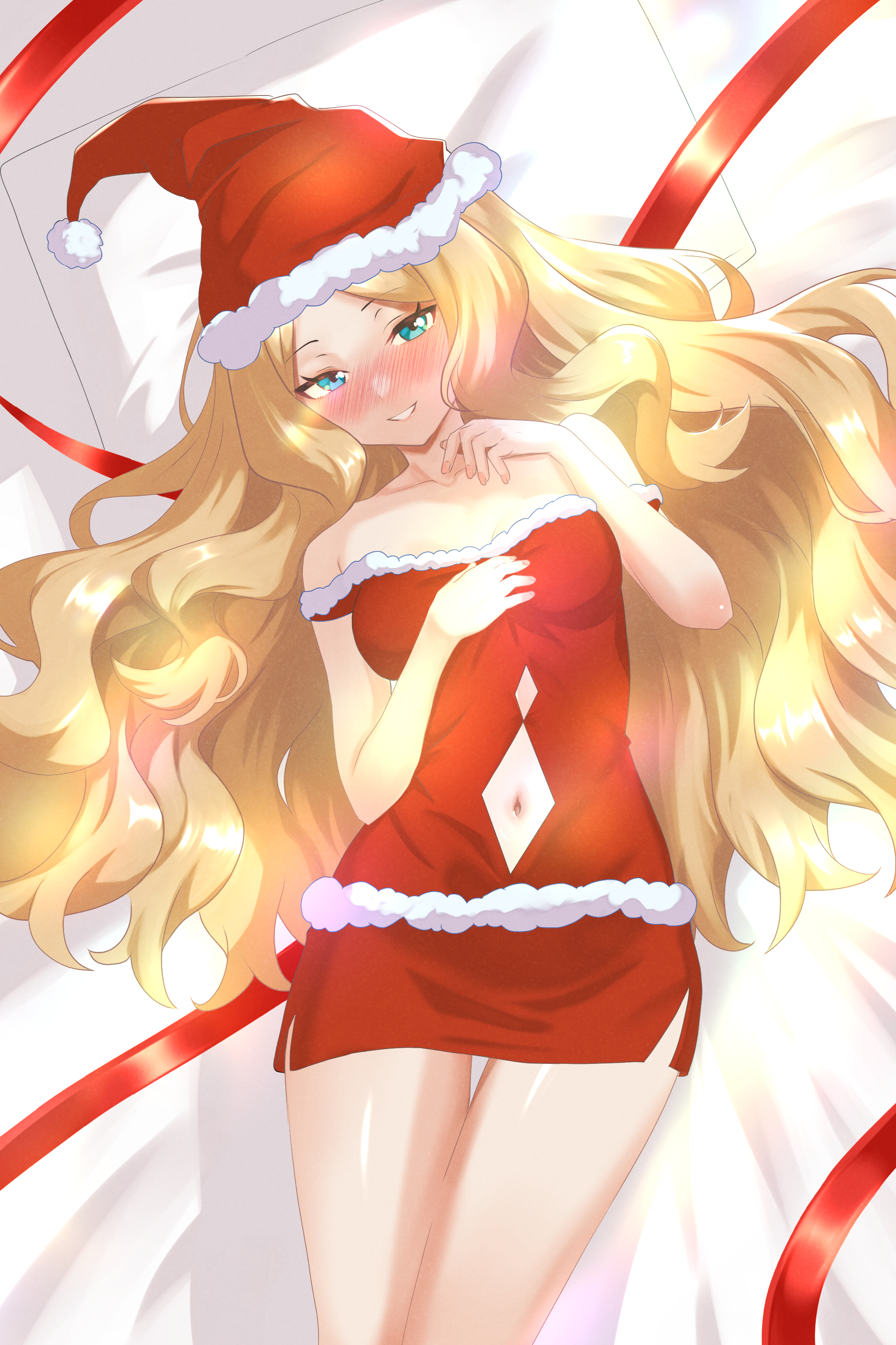 shirokumaru (yafm7388), caitlin (pokemon), nintendo, pokemon, pokemon bw, absurdres, commentary request, highres, 1girl, bare shoulders, blonde hair, blue eyes, clothing cutout, diamond cutout, dress, eyelashes, grin, hat, long hair, looking at viewer, lying, navel, navel cutout, off-shoulder dress, off shoulder, on back, red dress, red hat, red ribbon, ribbon, santa hat, shiny skin, smile, solo, teeth