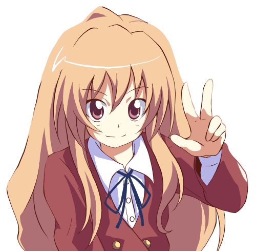 azumaya hironaru, aisaka taiga, toradora!, lowres, 00s, brown eyes, brown hair, long hair, school uniform, solo, v