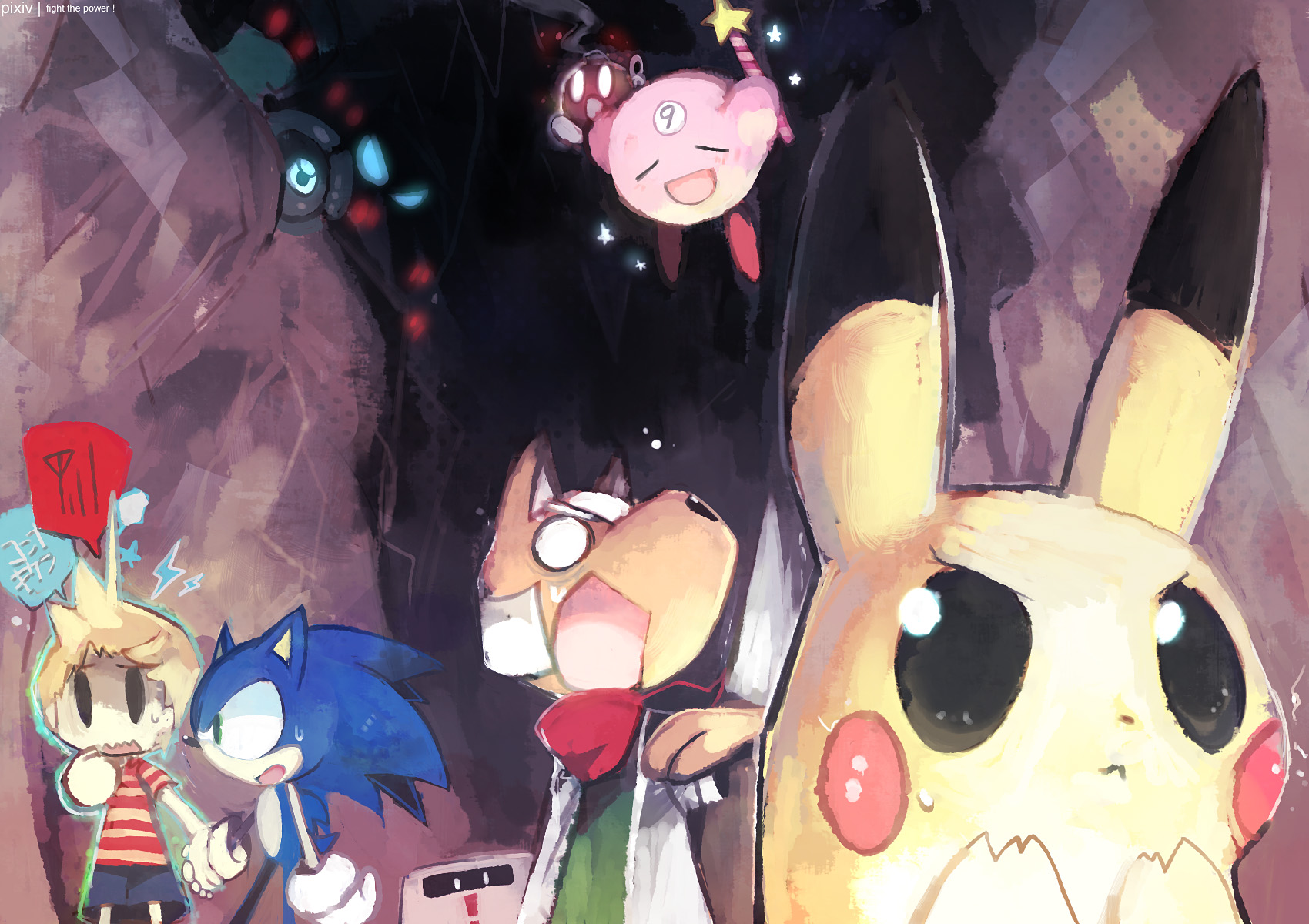 bob-omb, fox mccloud, kirby, lucas (mother 3), pikachu, solid snake, sonic the hedgehog, kirby (series), mario (series), metal gear (series), metal gear solid, mother (series), mother 3, nintendo, pixiv, pokemon, sonic (series), star fox, super mario bros. 1, super smash bros., highres, 3boys, ?, black eyes, box, cardboard box, circled 9, furry, furry male, gen 1 pokemon, gloves, green eyes, male focus, multiple boys, pokemon (creature), quiff, rod, scarf, smile