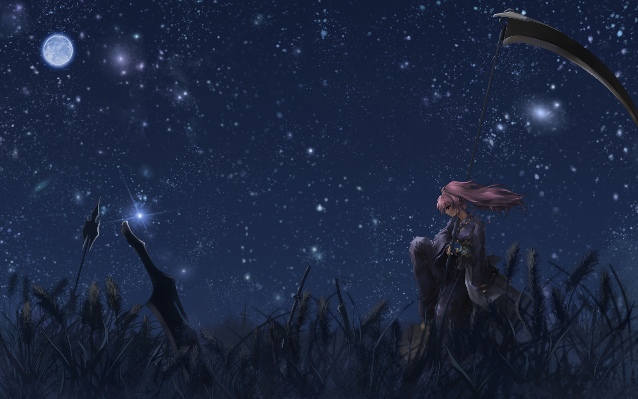totuka, onozuka komachi, touhou, bad id, bad pixiv id, highres, 1girl, female focus, full moon, moon, night, pink hair, scythe, sky, solo, star (sky), starry sky