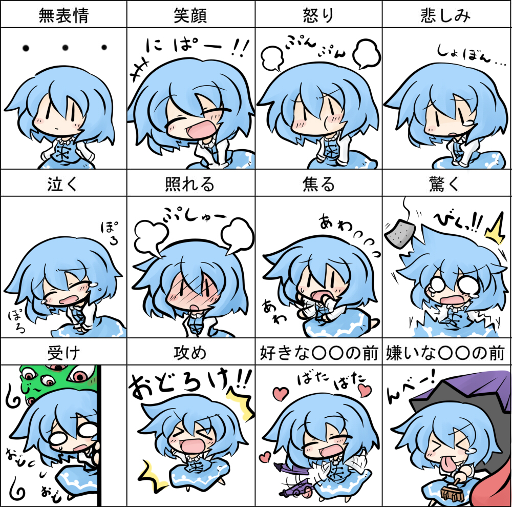 yanagi (nurikoboshi), tatara kogasa, touhou, md5 mismatch, translation request, > <, > <, 1girl, :d, :p, ^^^, blue hair, blush, chibi, closed eyes, karakasa obake, monster, multiple expressions, multiple views, o o, open mouth, pout, short hair, smile, tears, tongue, tongue out, umbrella, xd, | |