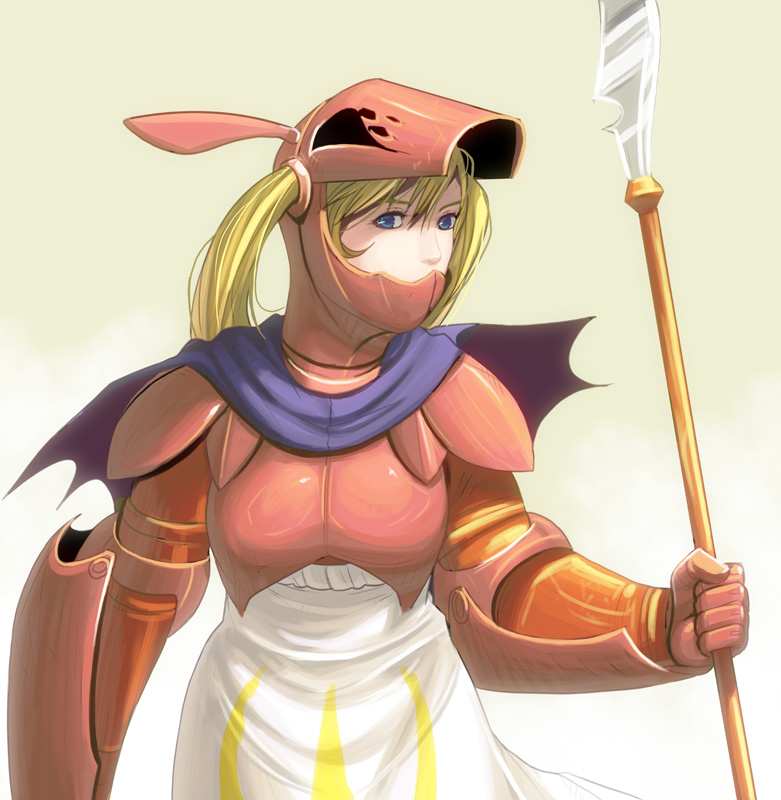 kouno (masao), dragoon (fft), dragoon (final fantasy), final fantasy, final fantasy tactics, bad id, bad pixiv id, 1girl, armor, blonde hair, blue eyes, dragoon, female focus, gradient background, helmet, polearm, solo, spear, weapon