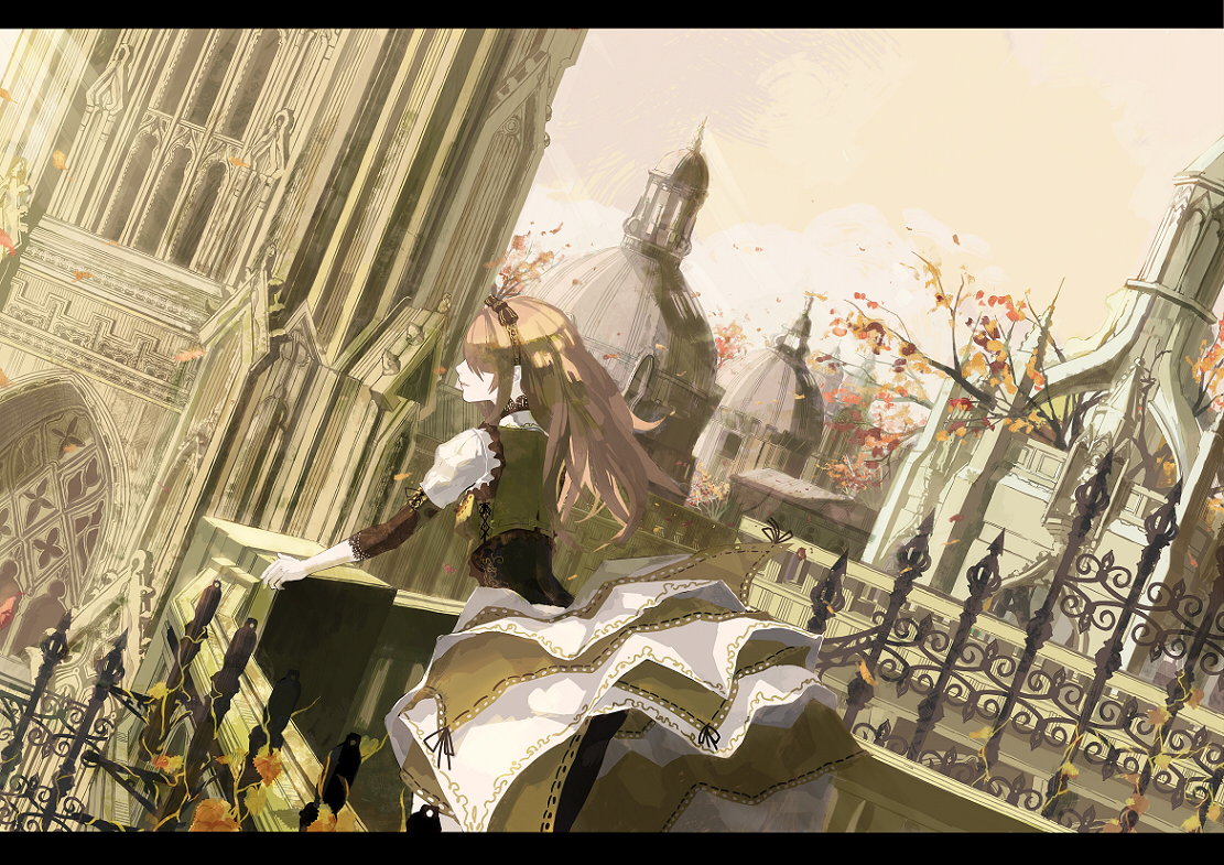 kunimura hakushi, original, 1girl, architecture, autumn, brown hair, city, dress, dutch angle, female focus, gothic architecture, hair over eyes, hairband, letterboxed, long hair, scenery, solo