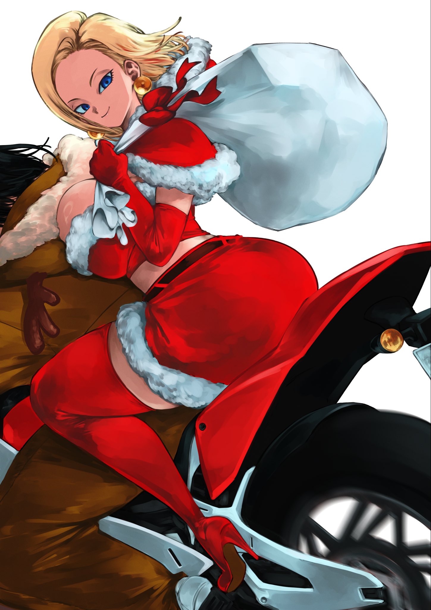 android 18, dragon ball, dragonball z, breasts, christmas, large breasts, motor vehicle, motorcycle