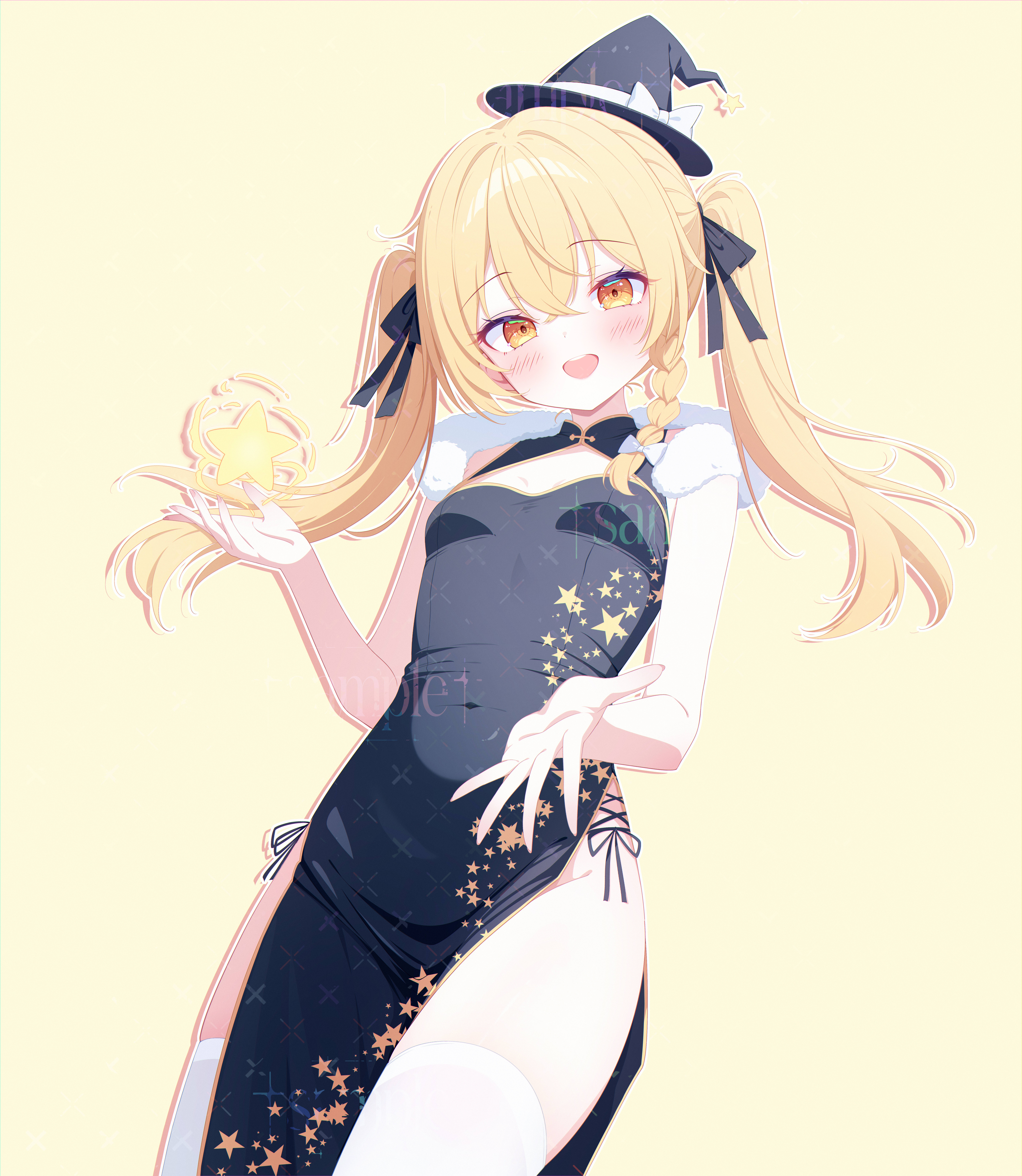 ohako miyu, kirisame marisa, touhou, absurdres, chinese commentary, commentary request, highres, 1girl, alternate costume, alternate hairstyle, black hat, blonde hair, blush, bow, braid, breasts, china dress, chinese clothes, cleavage cutout, clothing cutout, covered navel, dress, hair bow, hat, hat bow, long hair, looking at viewer, open mouth, pelvic curtain, sample watermark, side braid, side slit, single braid, small breasts, smile, solo, star (symbol), thighhighs, twintails, watermark, white bow, white thighhighs, witch hat, yellow background, yellow eyes