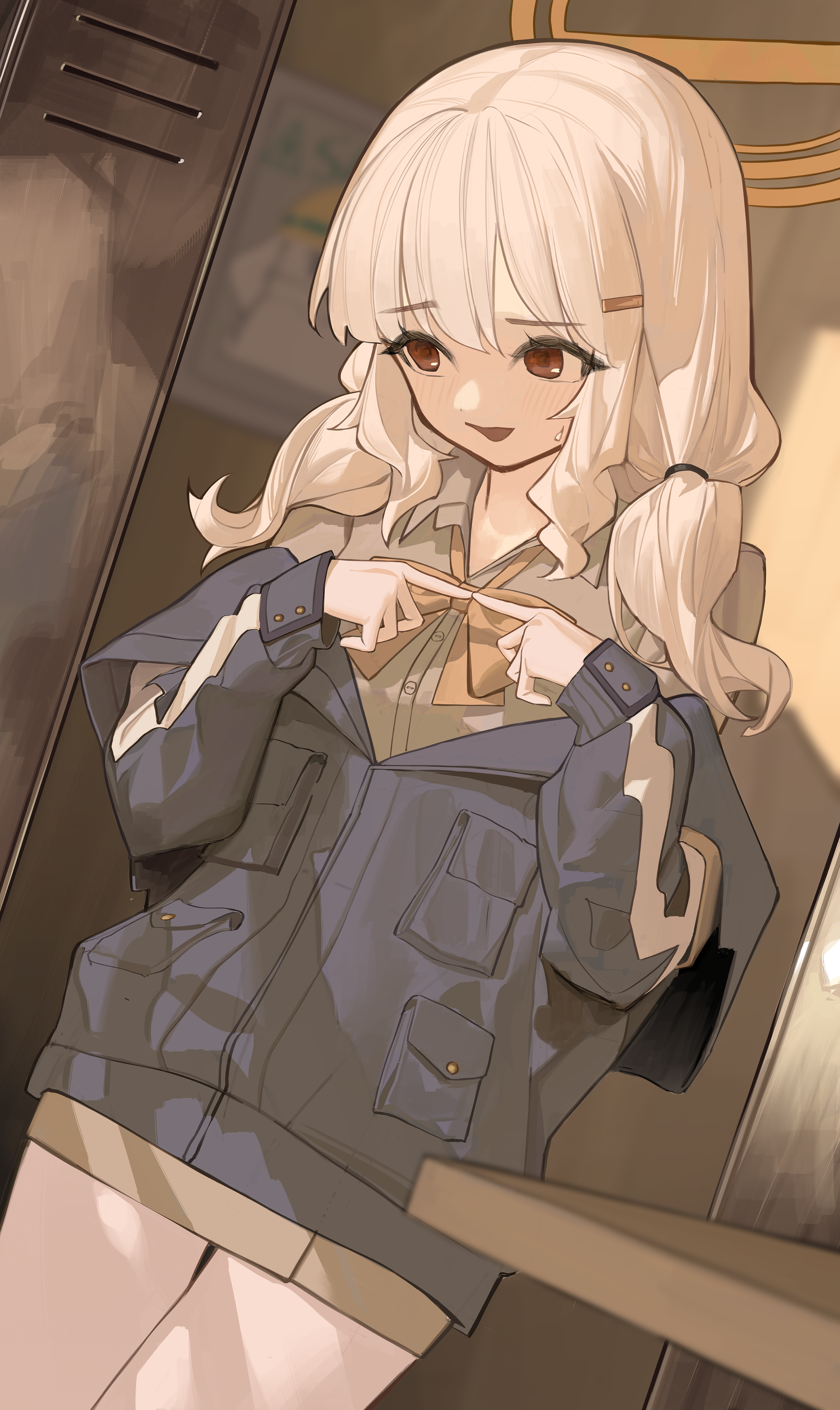 komodo, aoba (blue archive), blue archive, absurdres, commentary, highres, 1girl, blonde hair, blush, bow, hair ornament, hairclip, halo, jacket, long hair, long sleeves, low twintails, red eyes, solo, twintails, white hair, yellow halo