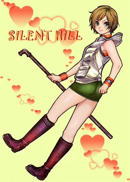 taro (artist), heather mason, silent hill, silent hill (series), silent hill 3, bar (place), blonde hair, blue eyes, boots, brown eyes, heart, holding, holding lead pipe, jacket, lead pipe, legs, miniskirt, short hair, skirt, solo, sweatband, vest, watch, weapon, wristband, wristwatch