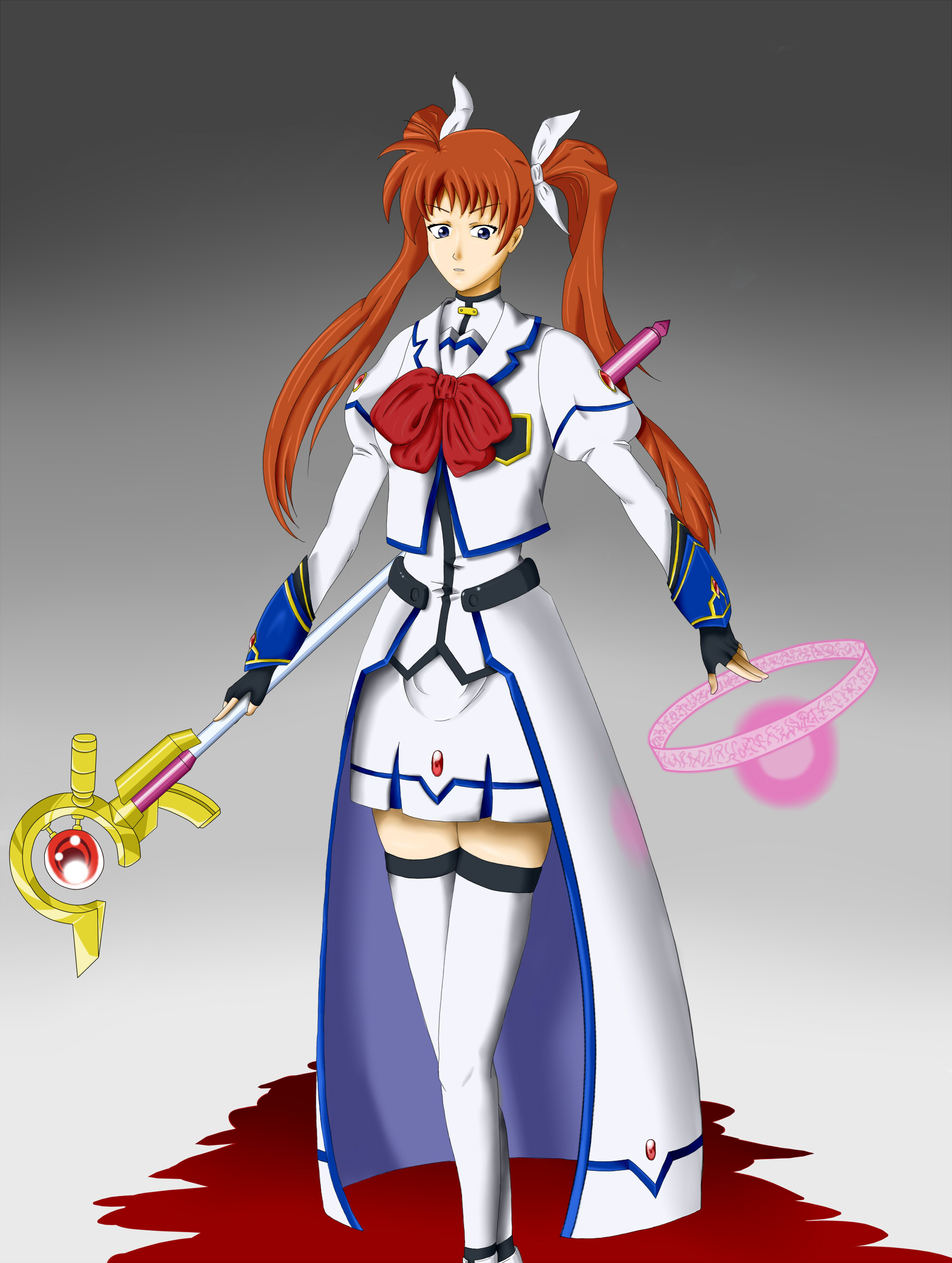 raising heart, takamachi nanoha, lyrical nanoha, mahou shoujo lyrical nanoha, mahou shoujo lyrical nanoha strikers, highres, tagme, blue eyes, brown hair, fingerless gloves, gloves, long hair, ribbon, twintails, white devil